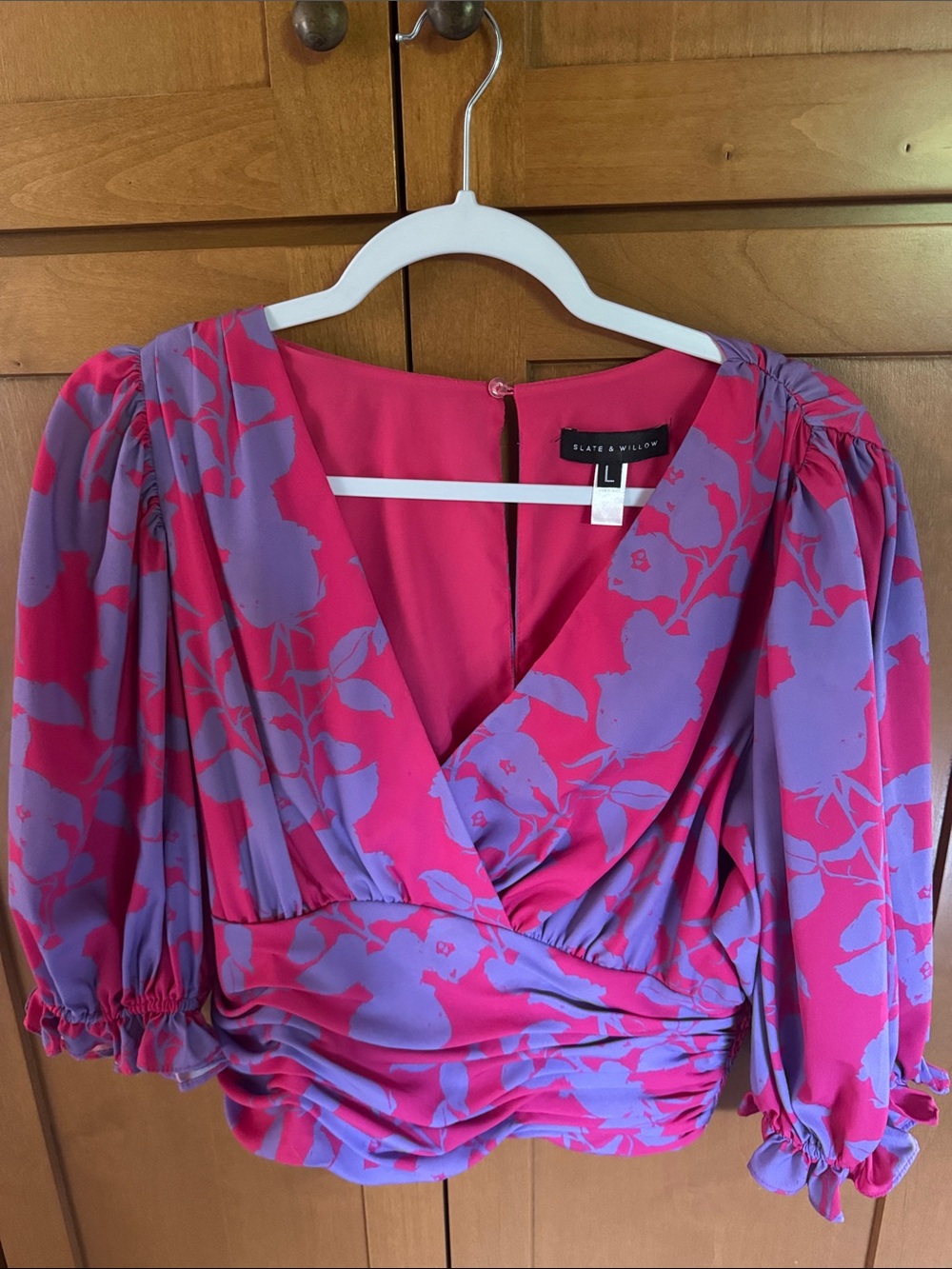 Slate & Willow Fuchsia and Lavender Floral Faux-Wrap Top